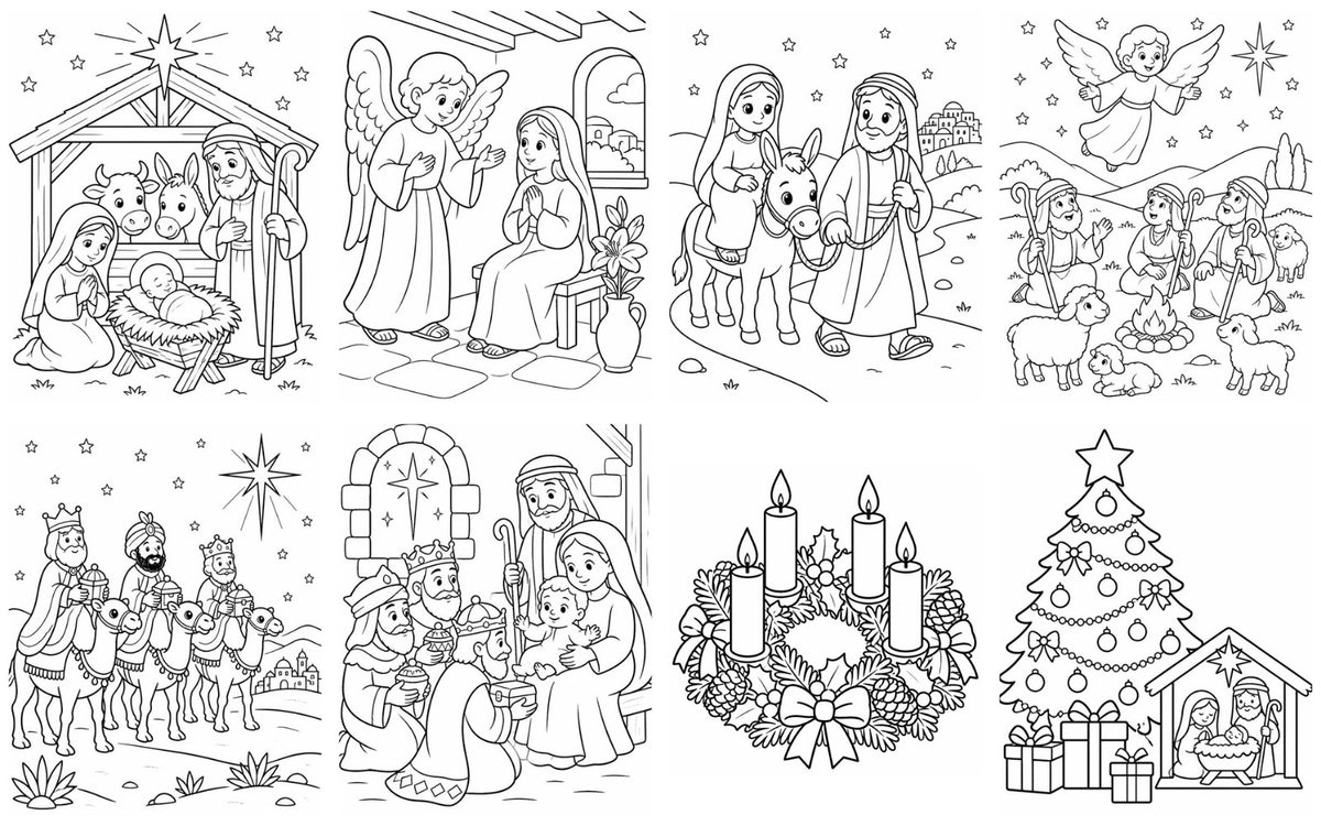 Coloriages de Mon cahier de Noël : la crèche, l'Annonciation, le voyage vers Bethléem, les bergers, les Rois mages, la couronne de l'Avent et le sapin